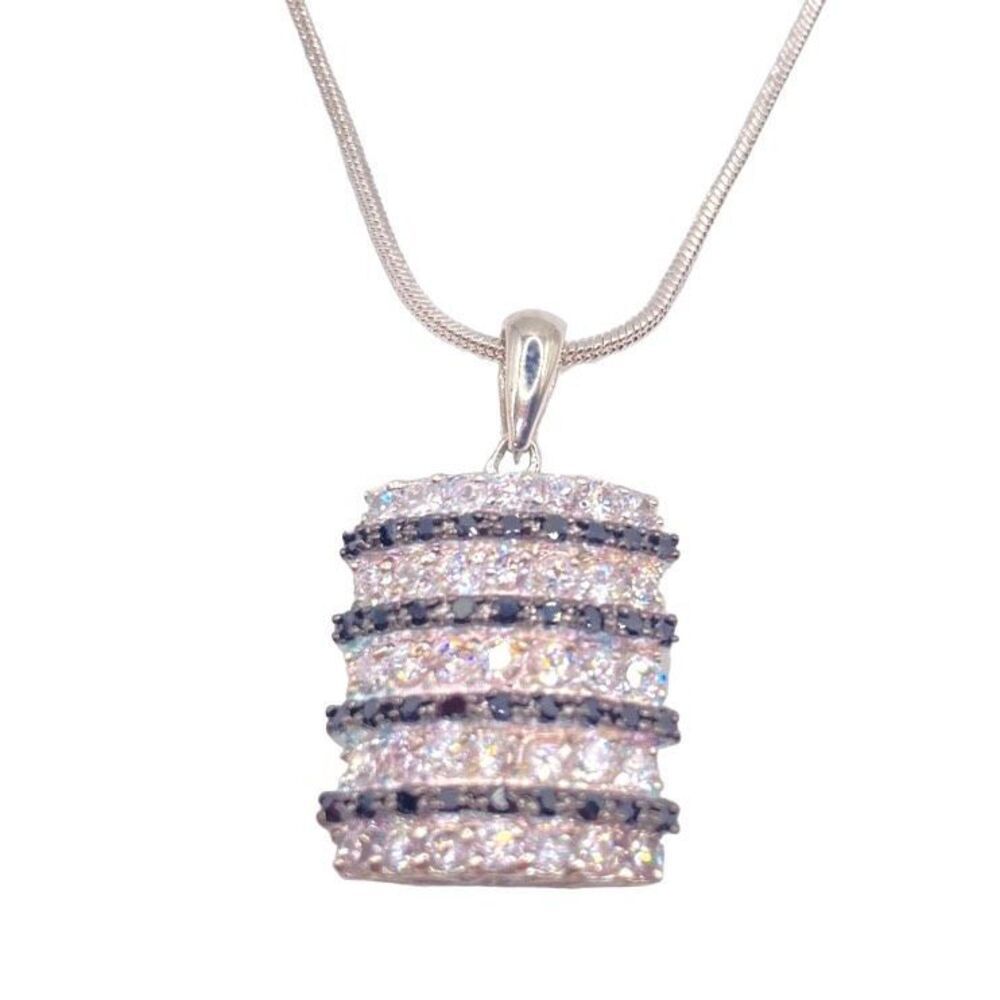 Silver Black and White Stripes Rhinestone Pendant Necklace - Picture 2 of 4